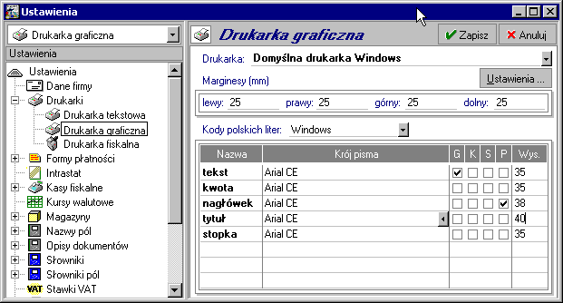 3 4 Podręcznik użytkownika programu Handel Premium Rys. 3-2 Ustawienia drukarki graficznej i krojów pisma.