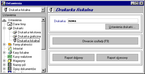 Administracja 3 5 Rys. 3-3 Ustawienia - Drukarka fiskalna. Okno Ustawienia drukarki fiskalnej umożliwia definiowanie drukarek fiskalnych współpracujących z programem oraz ustawianie ich parametrów.