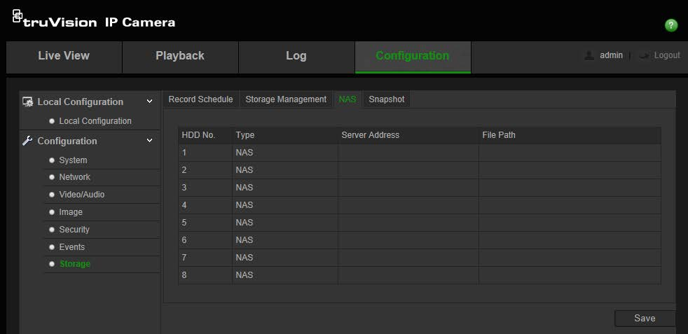 Kliknij przycisk Save (Zapisz), aby zapisać zmiany. Ustawienia systemu NAS Do zdalnego przechowywania nagrań można użyć sieciowego urządzenia pamięci masowej NAS.