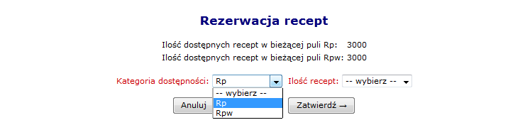 Rysunek 13 Rezerwacja numerów recept W pierwszej kolejności należy podać Kategorię dostępności, a następnie Ilość recept.