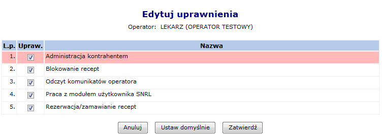 Rysunek 29 Edycja uprawnień Administracja kontrahentem - uprawnienie umożliwia operatorowi wykonywanie wszelkich operacji z zakresu administratora: dodawanie, edycję i usuwanie operatorów oraz