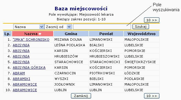 Przykład: Wybierając z listy rozwijalnej kryterium wyboru PESEL i zakres Zawiera można w pole tekstowe wpisać dowolną część poszukiwanego numeru PESEL.