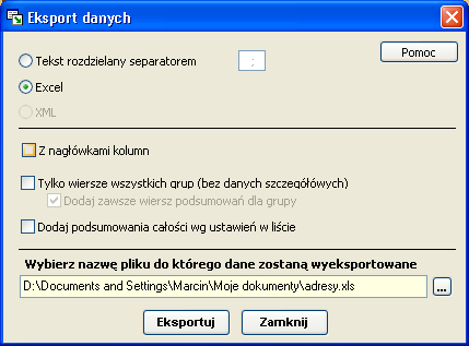 4.4. Eksportowanie danych 9 Dla list zawierających podsumowania można wyeksportować listę łącznie z sumami całkowitymi.