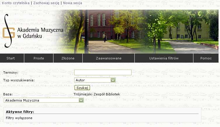 EKRAN GŁÓWNY KATALOGU CHAMELEON: Do katalogu można wejść wpisując do przeglądarki internetowej adres: katalog.amuz.gda.pl lub przez stronę Akademii Muzycznej: amuz.gda.pl (zakładka Biblioteka Katalog online).