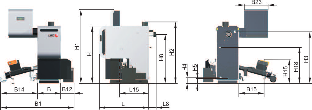 Dane techniczne Wymiary TMC 28-55 WYMIARY TMC 28/35 TMC 48/55 L Długość kotła [mm] 1225 1315 L8 Długość dmuchawy wyciągowej [mm] 180 180 L15 Długość do złącza rury spustowej prawa / lewa strona [mm]