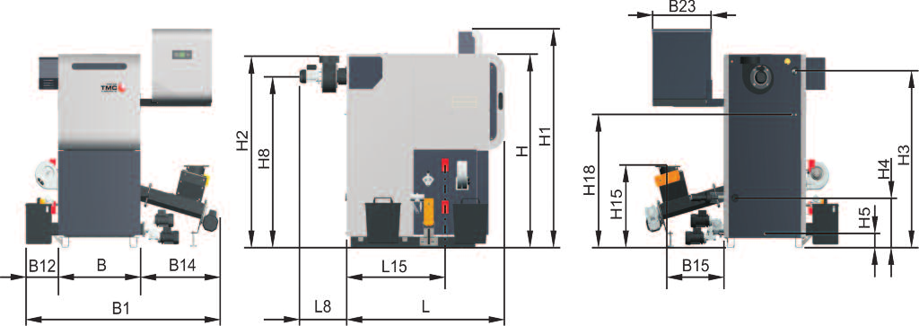 Turbomatic TMC Wymiary TMC 70-100 WYMIARY L Długość kotła [mm] 1580 L8 Długość dmuchawy wyciągowej [mm] 470 L15 Długość do złącza rury spustowej lewa / prawa strona [mm] 965 / 1015 B Szerokość kotła