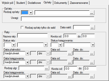 Uzupełnienie któregokolwiek z pól na tej zakładce spowoduje nałożenie warunku na studentów pobieranych do tego zestawienia z zakresu opłat ewidencjonowanych na zakładce studenta Opłaty.