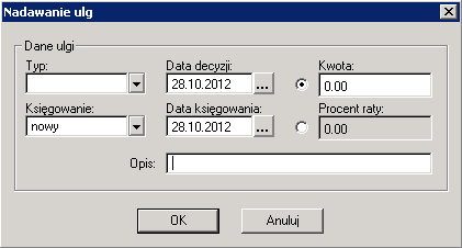 W oknie należy wybrać typ ulgi, a kwota lub procent zostaną podpowiedziane w zależności od tego czy wartości te zostały uzupełnione w słowniku ulg (Opcje/Opłaty/Rodzaje ul).