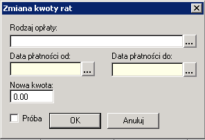 Po wybraniu jednej z dwóch opcji i potwierdzeniu wyboru przyciskiem OK otworzy się okno Zmiana kwoty rat.