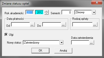 W oknie należy wybrać opłatę, którą chcemy zatwierdzić, a wyboru dokonuje się po wybraniu przycisku obok pola Rodzaj opłaty.