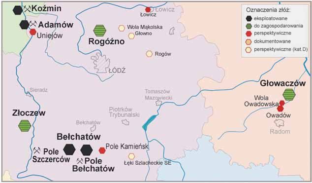 Lokalizacja złoża Rogóźno, Głowaczów i Złoczew na tle zagłębia górniczo-energetycznego adamowskiego i bełchatowskiego