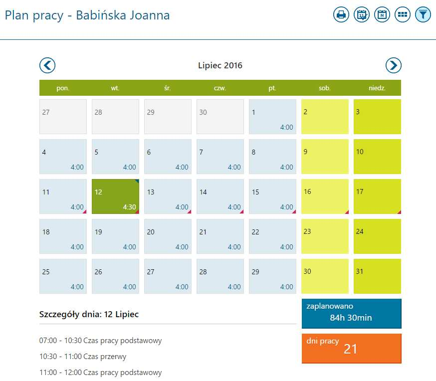 11 Plan pracy Plan pracy pozwala na planowanie pracy w poszczególnych dniach miesiąca.