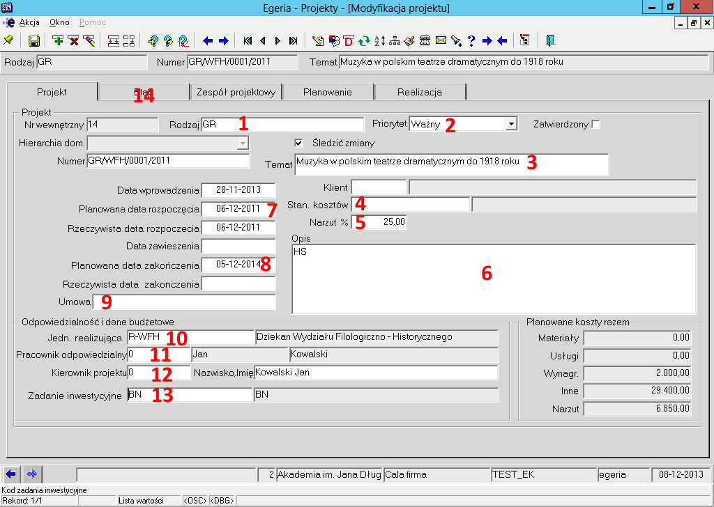 Rysunek 2 - Nowy projekt Następne kroki to: Określenie Rodzaju lista (Rys.2 PUNKT 1) Określenie Priorytetu lista (Rys.2 PUNKT 2) Wypełnienie pola Temat (Rys.2 PUNKT 3) Wypełnienie pola Stan.