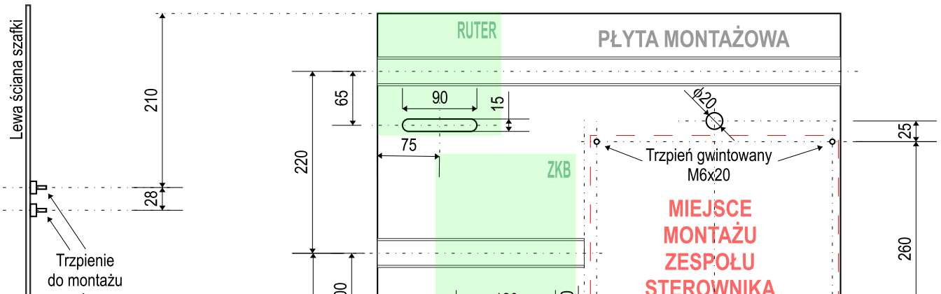 Rys. 4.9 Konstrukcja i wymiary płyty montażowej, szafka 2W 4.2.4 Odległość między płytą montażową szafki AMI/SG a wewnętrzną stroną drzwi szafki nie powinna być mniejsza niż 200 mm. 4.2.5 Wyposażenie płyty montażowej stanowi: 1) Listwa kontrolno-pomiarowa z możliwością plombowania, wg poz.