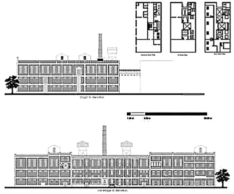 It shows building activity in this area including a shape that could be the building and summarily identifies structures as magazines, i.e., stores.