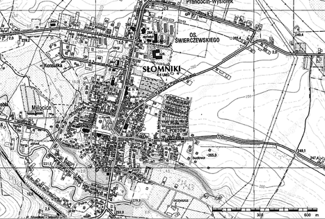 Plan in the scale 1:10 000; copy of a map from the collection of Geoportal (www.geoportal.gov.pl) Z nazwą Słomniki po raz pierwszy spotykamy się w źródłach pisanych pochodzących z 1287 roku.