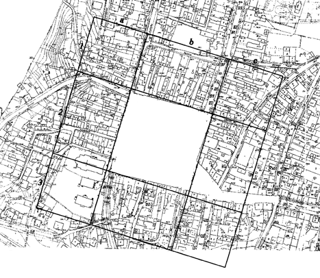 Ryc. 4. Słomniki. Rekonstrukcja lokacyjnego centrum miasta według B. Krasnowolskiego (B. Krasnowolski, Lokacyjne układy urbanistyczne na obszarze Ziemi Krakowskiej w XIII i XIV wieku, cz. II.