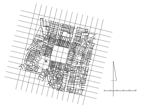 Plan of the town centre with marked 50-foot sections that front borderline of the settlement blocks adjacent to the market could be divided to.