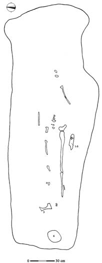 Plan of grave 59 (1-3 knife, strike-a-light, coin; 4 finger-ring (?); 5 axe; 6 bucket). Drawing by K. Skóra. Ryc. 3. Krzesiwo z grobu nr 59 po oczyszczeniu z produktów korozji, fot. J. Błaszczyk Fig.