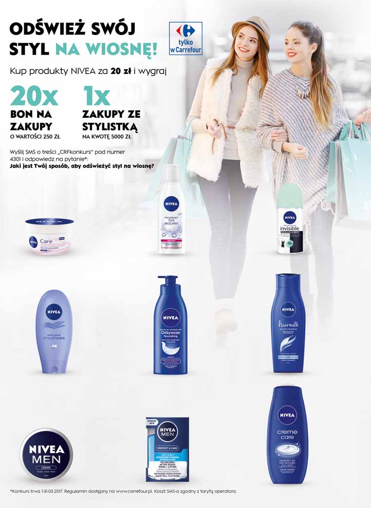 tylko w Carrefour Lekki krem łagodzący NIVEA CARE 50 ml 13,98/100 ml 6 Płyn micelarny NIVEA 200 ml 6,00/100 ml 11 Antyperspirant NIVEA 40-150 ml 4,86-18,23/100 ml 7 29 Krem do rąk NIVEA 75 ml