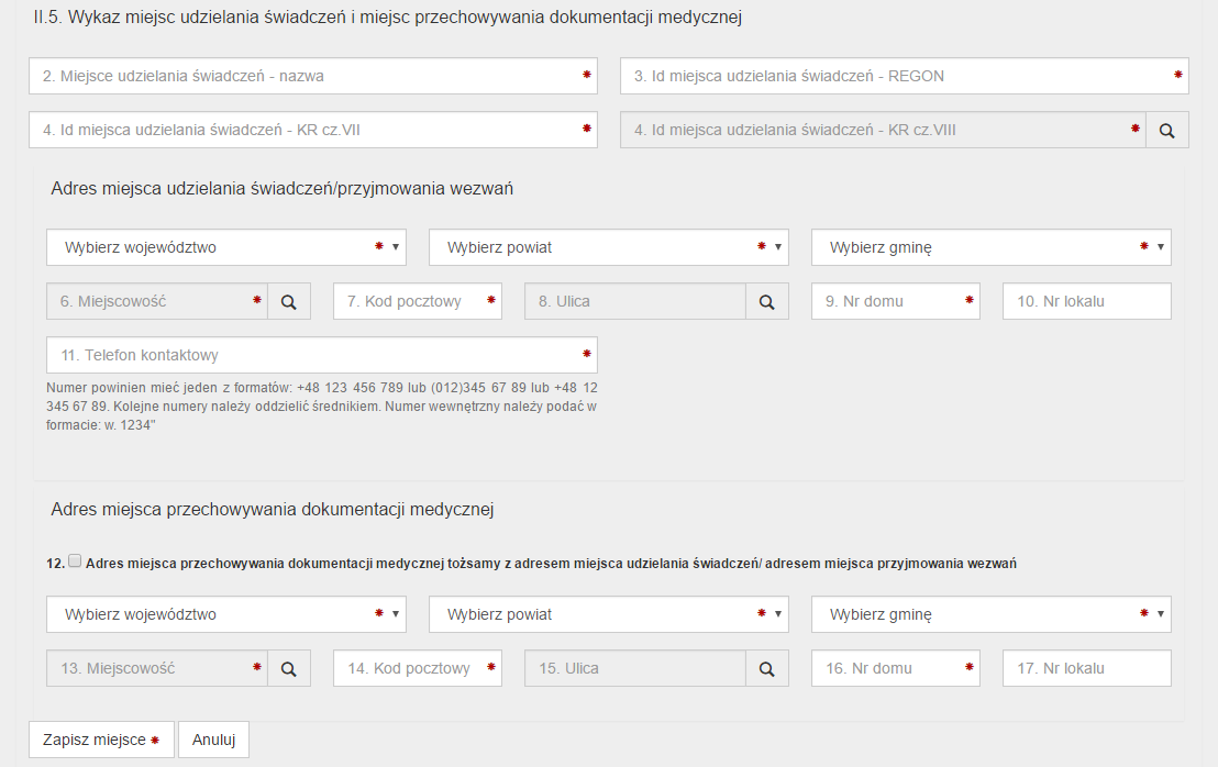 Strona główna 35 Po wprowadzeniu wszystkich wymaganych danych adresu miejsca udzielania świadczeń i miejsca przechowywania dokumentacji medycznej należy je zapisać klikając przycisk Zapisane miejsce