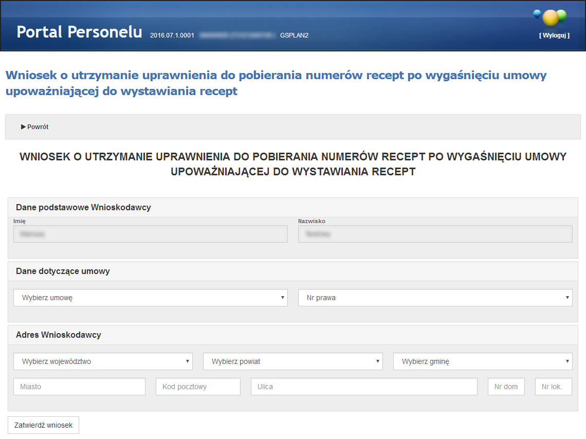 38 Portal Personelu Medycznego 3134 Wniosek o utrzymanie uprawnienia do pobierania numerów recept po wygaśnięciu umowy upoważniaj ącej Funkcja umożliwia złożenie wniosku o utrzymanie uprawnienia do