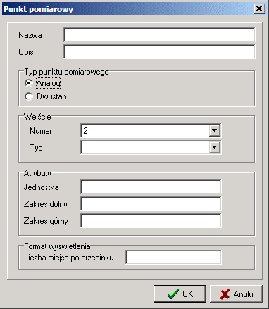 4.4. Punkt pomiarowy Punktem pomiarowym nazywa się zbiór informacji potrzebnych do zarejestrowania pomiarów z jednego wejścia urządzenia archiwizującego.