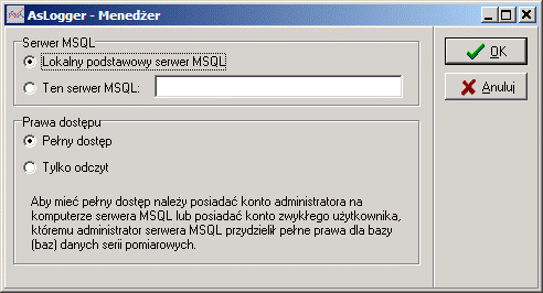 4.1. Serwer MSSQL Dane serii pomiarów przechowywane są w bazie danych zarządzanej przez serwer SQL Microsoft (mogą to być bezpłatne wersje MSDE lub Express).
