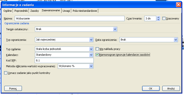 Aby zignorować kalendarz zasobu należy: otworzyć okno Informacje o zadaniu, otworzyć zakładkę Zaawansowane, wybrać opcję: Harmonogram ignoruje kalendarze