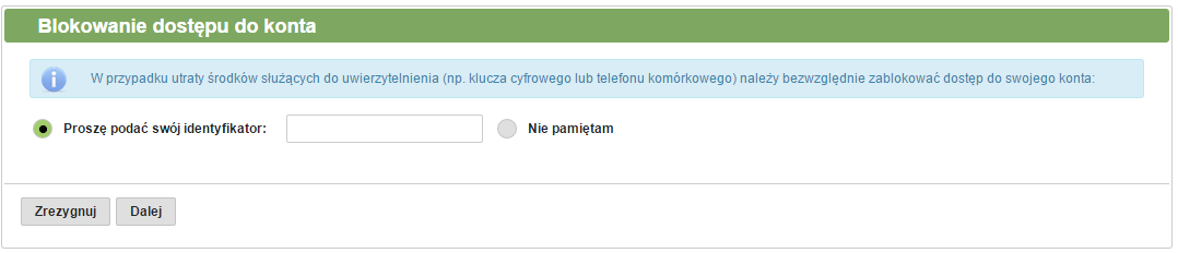 68: Formularz blokady dostępu do konta. W celu zablokowania dostępu do konta należy w formularzu wybrać opcję Zablokuj dostęp do konta (rys. 3.69). Rys. 3.69: Formularz logowania do systemu I-Bank.