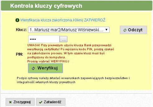 Dostęp do programu może być odblokowany jedynie przez uprawnionego pracownika banku. Jeżeli autoryzacja przelewów wykonywana jest za pomocą klucza cyfrowego, to należy wpiąć go do portu USB komputera.