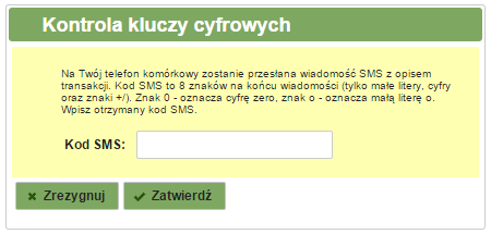 Jeżeli autoryzacja przelewów wykonywana jest za pomocą kodu SMS i klient wybrał w banku opcję silnego uwierzytelniania, to po wpisaniu identyfikatora i hasła dodatkowo pojawi się okno kontroli klucza