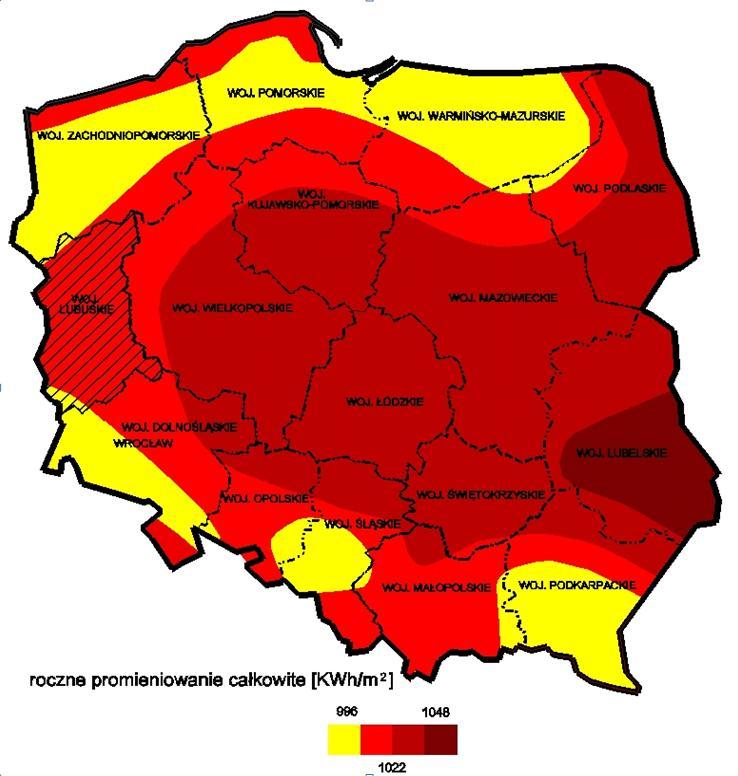 Średnia gęstość energii słonecznej na terenie województwa lubuskiego wynosi do 1 022 kwh/m 2 /rok. Średnie nasłonecznienie w województwie wynosi około 1 600 godzin na rok.