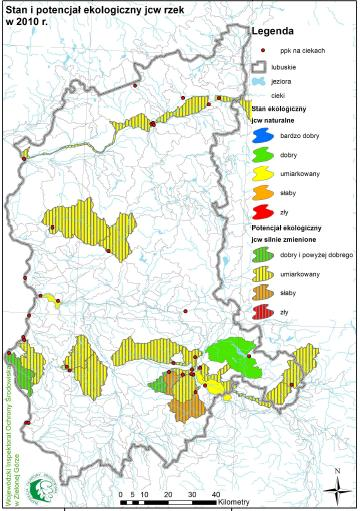 Rysunek 6. Stan i potencjał ekologiczny jednolitych części wód w powiecie gorzowskim w 2010 roku Źródło: www.zgora.pios.gov.pp Monitoringiem lokalnym objęta została przez WIOŚ rzeka Kłodawka.