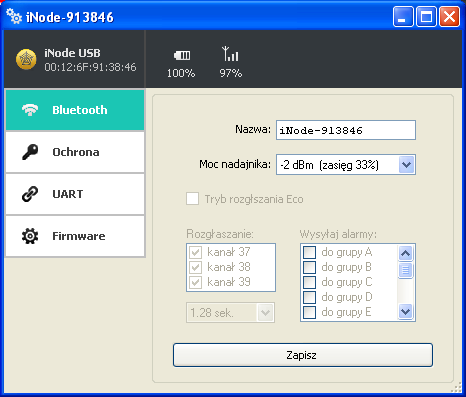 unikalny identyfikator urządzenia poziom naładowania baterii znajdującej się w urządzeniu. Dla inode Serial Transceiver USB będzie to zawsze 100%, gdyż nie jest zasilany z baterii.