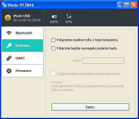 Po wybraniu zakładki Ochrona pojawi się następujące okienko: W polach: Połączenie tylko z tego komputera: możemy zabezpieczyć się przed połączeniem się z inode Serial Transceiver USB z innego