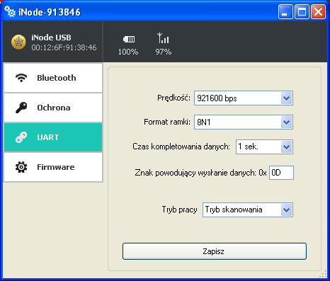 Po wybraniu zakładki UART pojawi się następujące okienko: W polach: Prędkość: wybieramy prędkość fizycznego złącza UART w module. Domyślna prędkość dla inode Serial Transceiver USB to 921600 bps.