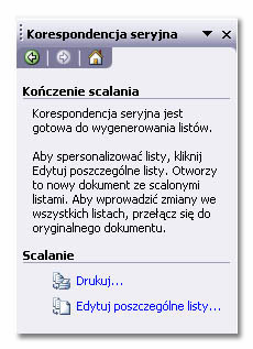 Kliknięcie łącza Drukuj otwiera okno Scalanie na drukarkę, gdzie można wybrać rekordy (wiersze) do scalenia. Możesz scalić wszystkie rekordy, tylko bieżący albo numery od do.