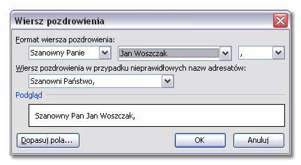 Aby wstawić wiersz pozdrowienia ustaw w odpowiednim miejscu dokumentu kursor i