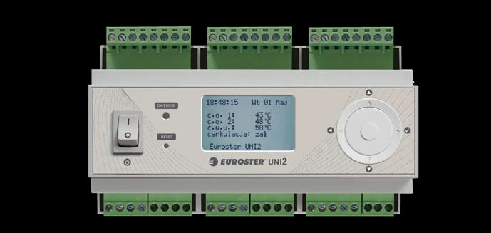 Sterownik UNI3 umożliwia niezależne sterowanie każdym obiegiem grzewczym w harmonogramie tygodniowym z nastawą temperatury i krzywej pogodowej.