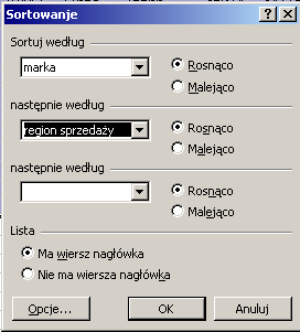 2. Zaimportować dane z pliku tekstowego do nowo utworzonego arkusza o nazwie samochody. Lewy górny narożnik importowanych danych powinien znaleźć się w komórce A1.