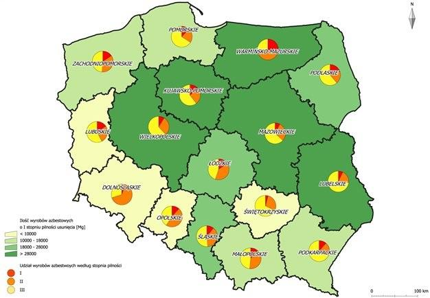 Rysunek 3 Nagromadzenie wyrobów zawierających azbest w układzie wojewódzkim Źródło: Baza azbestowa Ministerstwa Gospodarki Produkcja płyt azbestowo-cementowych w Polsce rozpoczęła się w 1907 roku w