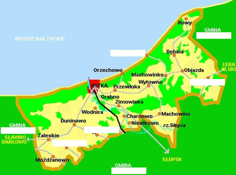 2. Długość wybrzeża na terenie Gminy Ustka wynosi około: a) 12 km b) 26 km c) 50 km d) 33 km 1p 3. Czy znasz mapę Gminy Ustka? Wpisz brakujące nazwy miejscowości i sąsiednich gmin 7p. 4.