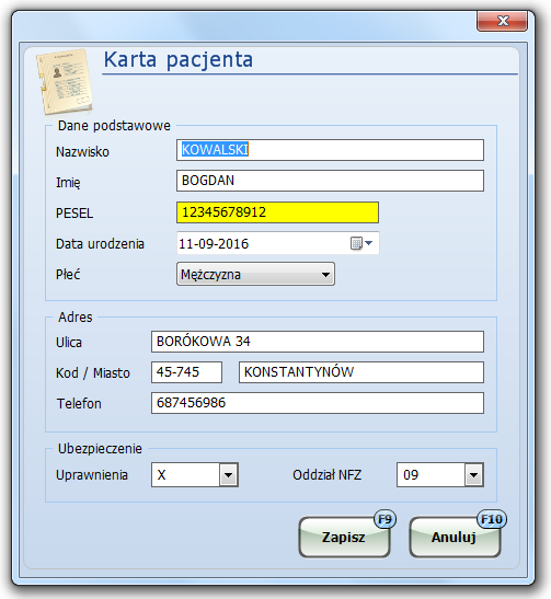 Wprowadzanie danych nowego pacjenta Po użyciu przycisku [Dodaj] pojawia się Karta pacjenta.