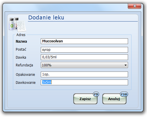 opakowanie, dawkowanie. [Zapisz] dane zostaną zapisane, powrót do Leki, [Anuluj] powrót do Leki bez zapisywania danych.