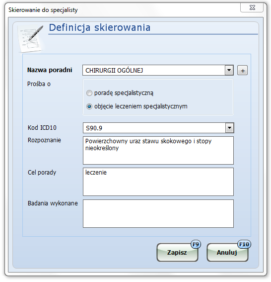 7.1.4.1. Dokumenty - Skierowanie do specjalisty Po użyciu przycisku [Dodaj] w zakładce Skierowanie do specjalisty otwiera się Definicja skierowania.