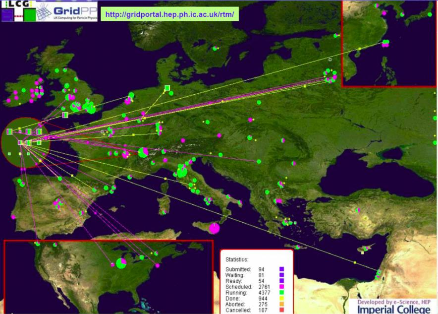Ogólnoświatowa sieć GRID: WLCG WLCG: Worldwide LHC Computing Grid największy projektem GRID 170 ośrodków obliczeniowych w 36 krajach Ok.