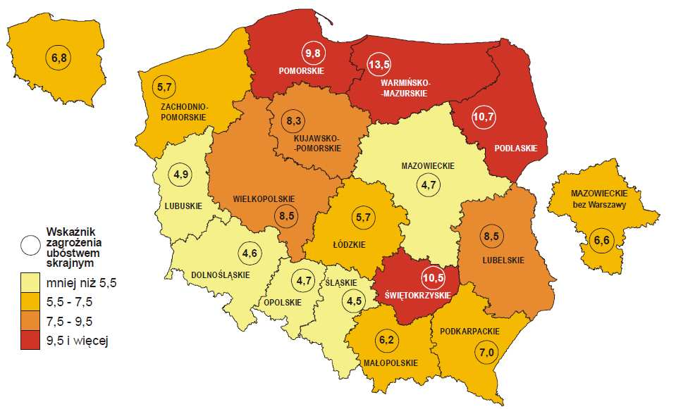 Mapa 7. Wskaźnik zagrożenia ubóstwem skrajnym w Polsce wg województw w 2012 r.