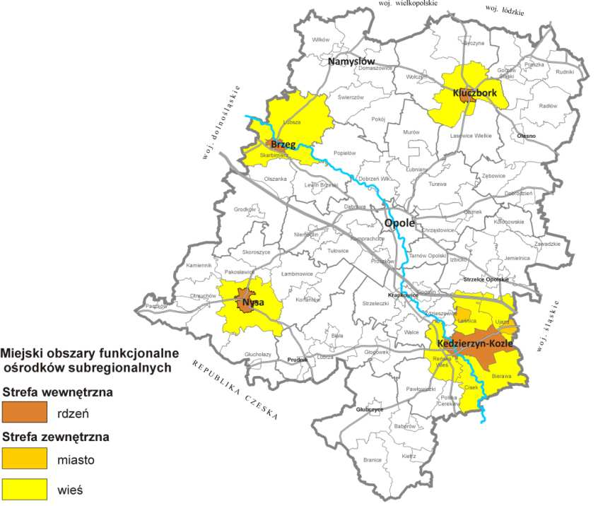 podejmowanych inicjatyw współpracy jednostek samorządu terytorialnego na rzecz rozwoju subregionu. Mapa 10. Obszary funkcjonalne ośrodków subregionalnych wg SRWO 20