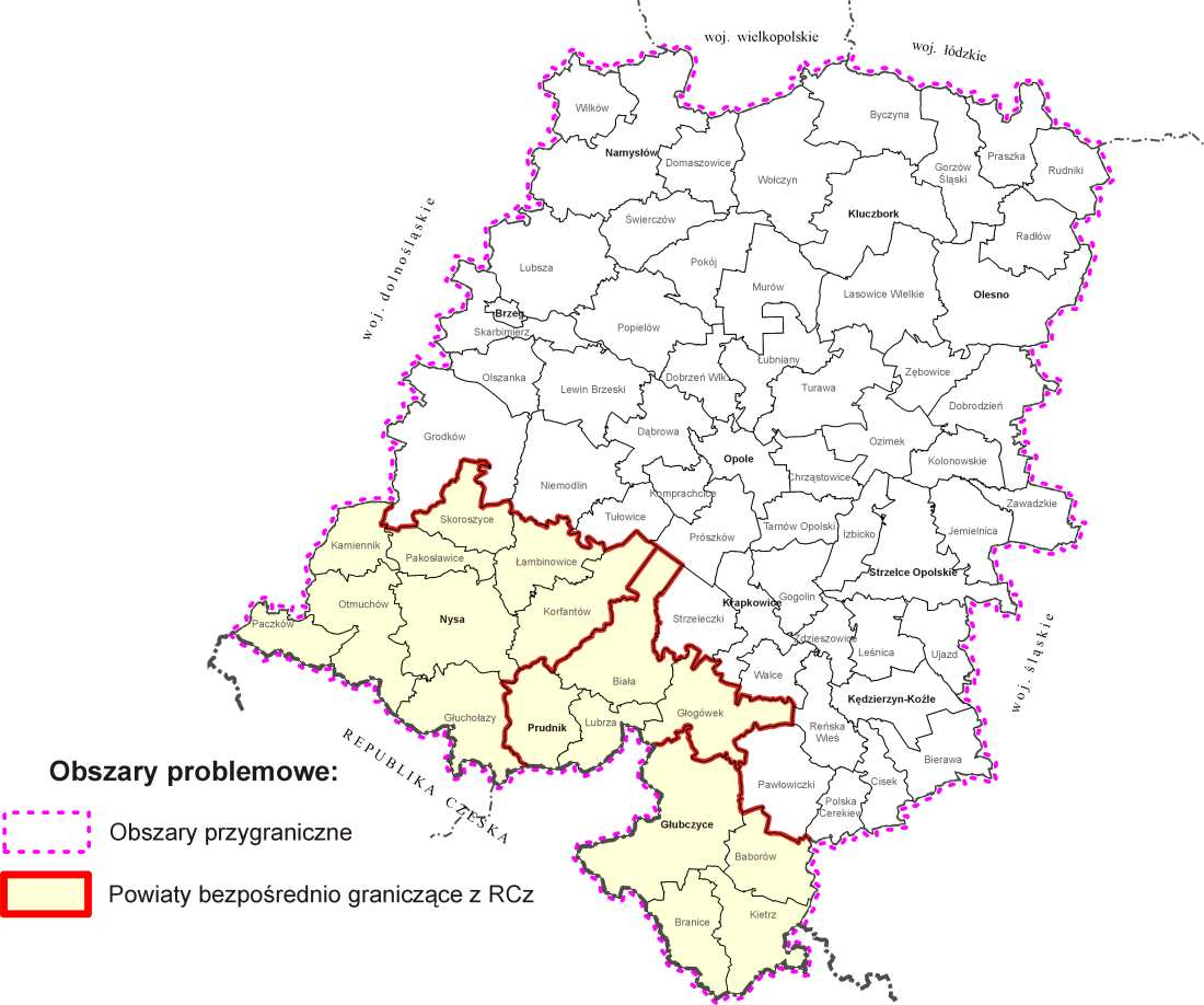 Mapa 13. Obszary przygraniczne w województwie opolskim Źródło: Opracowanie własne.